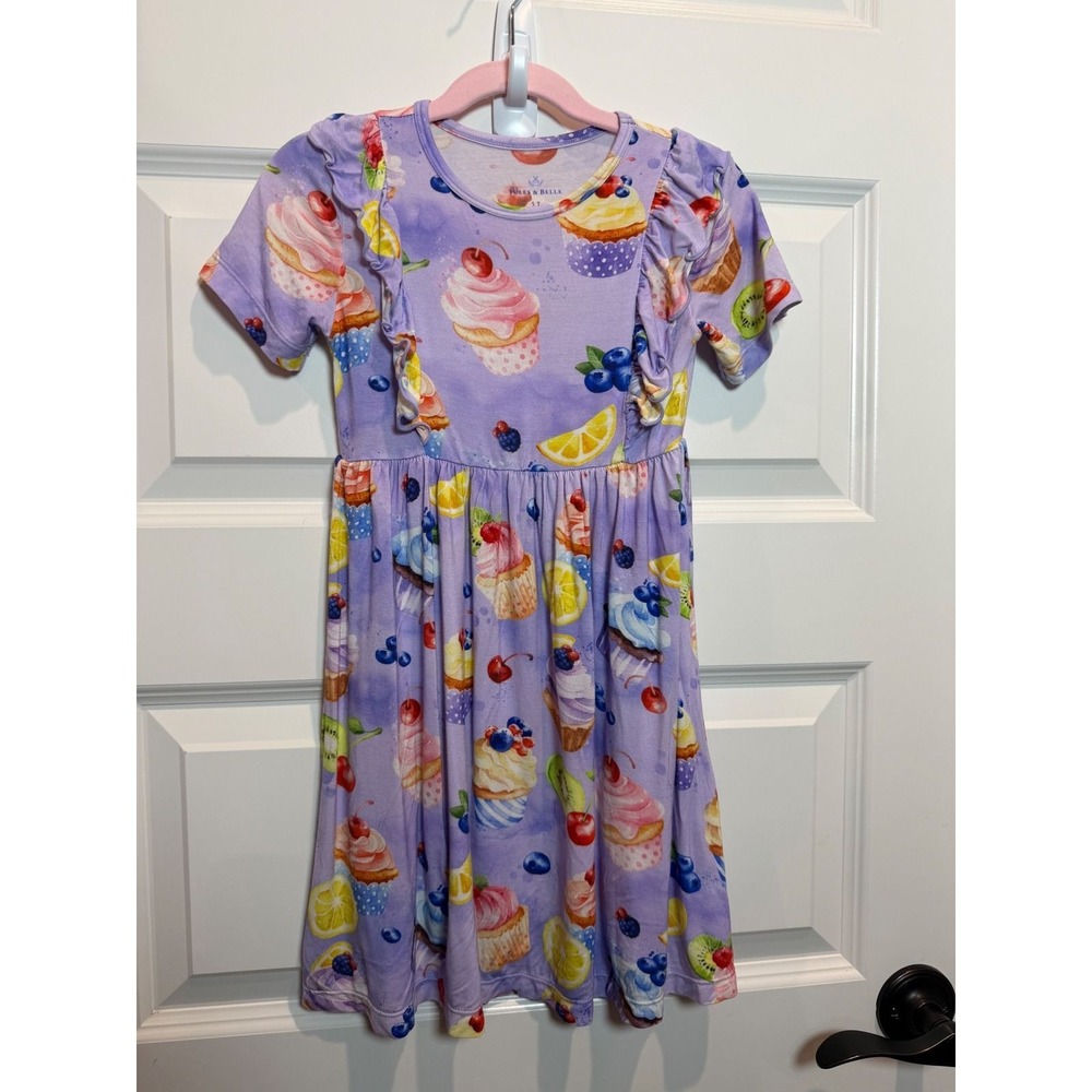 Jules & Belle Girls Purple Cupcake Fruit Bamboo Ruffle Dress Size 5T